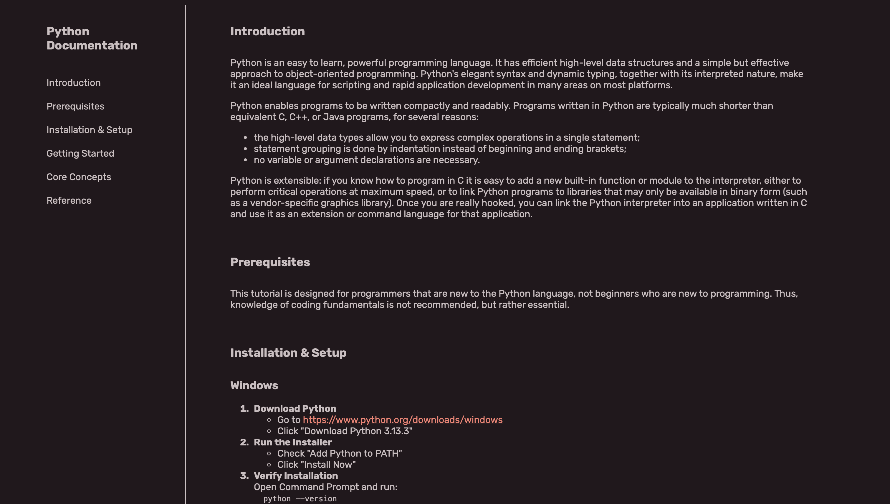 Python Documentation project